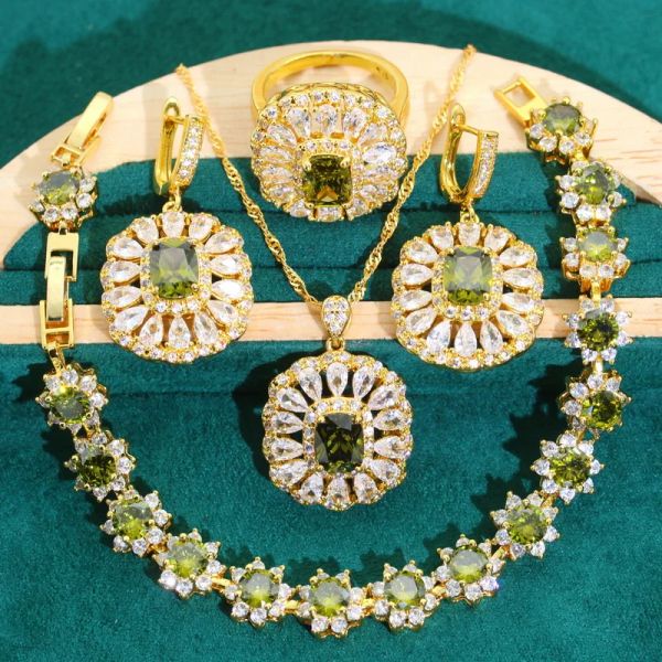 Set Set di gioielli color oro per donne Matrimonio Verde oliva Orecchini con zirconi Collana Ciondolo Anello Bracciale Amico Incontri Regali