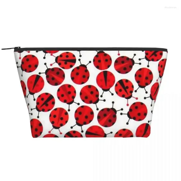 Kozmetik Çantalar Kırmızı Ladybugs Trapezoidal Taşınabilir Makya