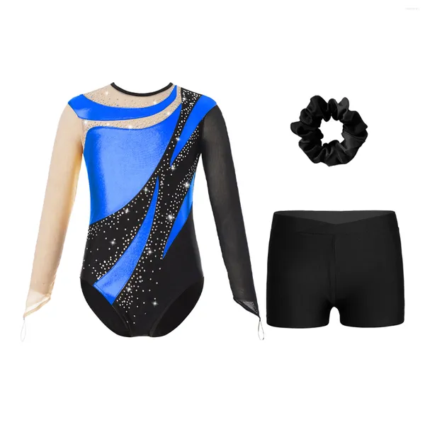 Bühnenkleidung Kinder Mädchen Langarm Gymnastik Overall Shorts Haargummi Kopfbedeckung Set für Ballett Tanz Trikot Skating Performance Dancewear