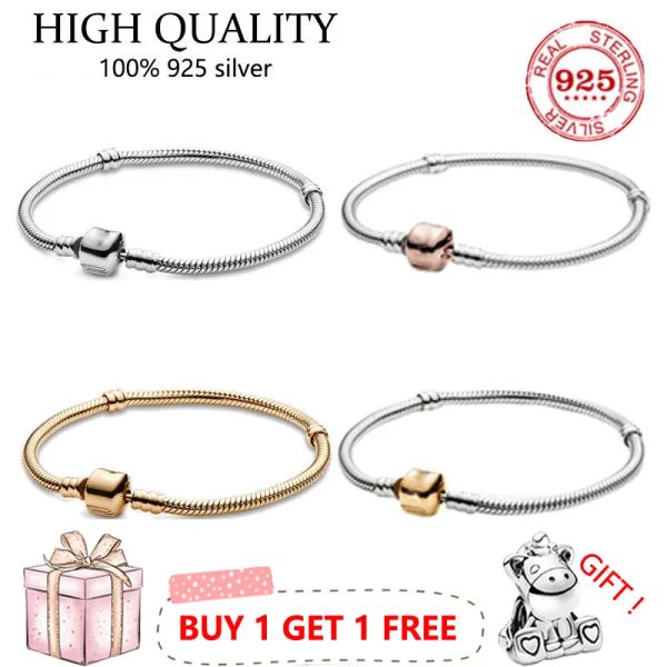 Braccialetti Vendita calda 100% argento sterling 925 Classico pulsante cilindrico Bracciale in osso di serpente adatto per le donne Gioielli fai da te Fascino originale