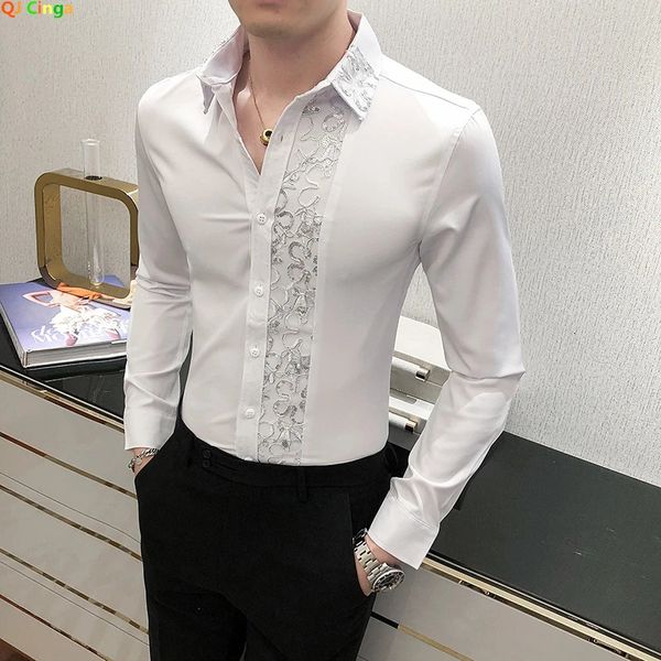 Sonbahar beyaz yün uzun etek için moda moda ultra ince erkek gömlek yepyeni erkek dantel patchwork dekorasyonu Camissa 240221