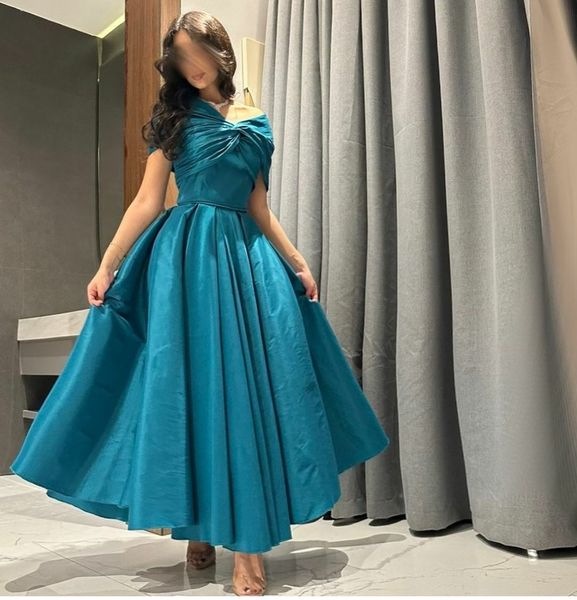 Vintage curto azul tafetá vestidos de noite com bolsos a linha fora do ombro plissado zíper volta tornozelo comprimento vestido de baile vestidos de festa para mulher