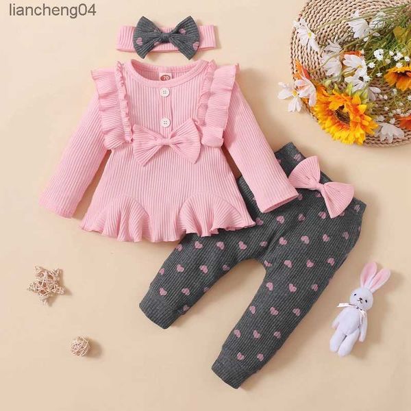 Conjuntos de roupas hibobi 3 peças primavera e outono meninas manga longa algodão plissado top e arco embelezado calças com bandana bebê conjunto