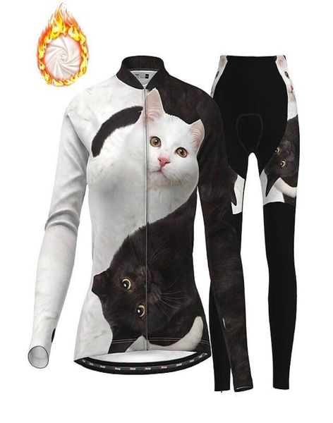 2021 Maglia da ciclismo a maniche lunghe da donna 039 con collant In pile invernale in poliestere Nero Bianco Gatto Animale Abbigliamento da bici Completo9264574