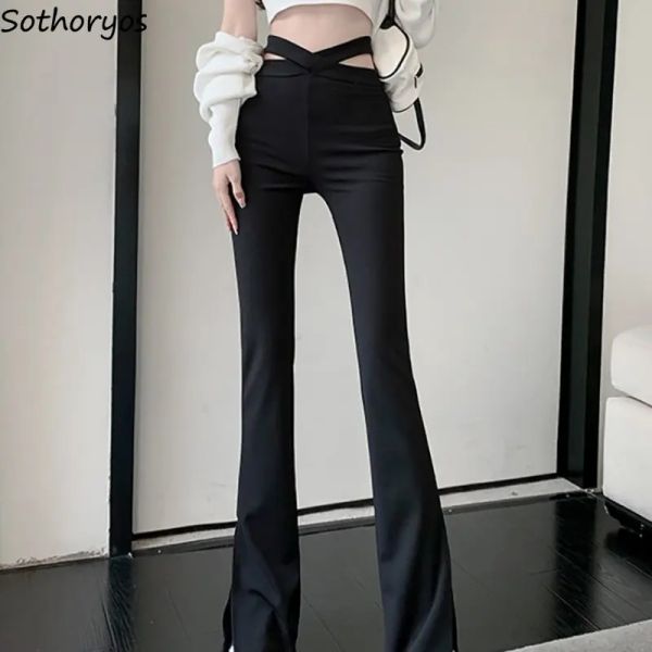 Pantaloni Capris Donna Casual Stile coreano Autunno Minimalista Solido Allmatch Tenero spacco laterale a vita alta Elegante popolare abbigliamento da ufficio di base