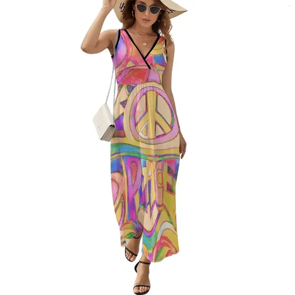 Vestidos casuais pastel hippy trippy paz arte vestido sem mangas vestido de noite mulher