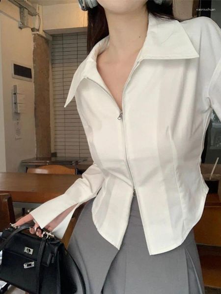 Blusas femininas primavera outono sexy zíper camisa branca moda sólida manga longa cardigan blusa 2024 lapela francesa magro roupas femininas