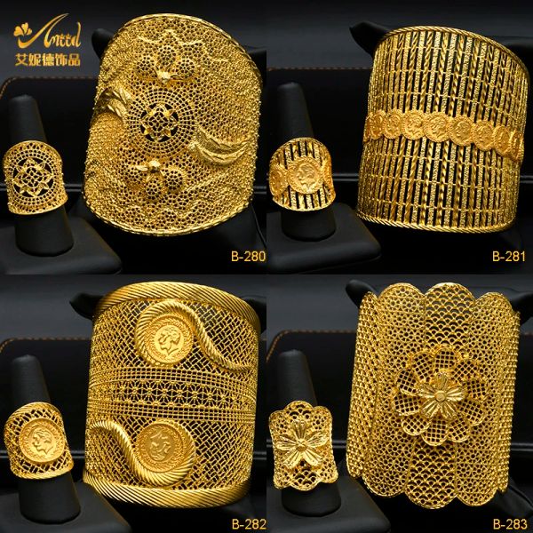 Armreifen Aniid Big 24K Gold Farbe Dubai Armreifen für Frauen Bijoux Africaine Bracelets mit Ring Hochzeit Schmuck Brautmanschettenarmband Geschenk