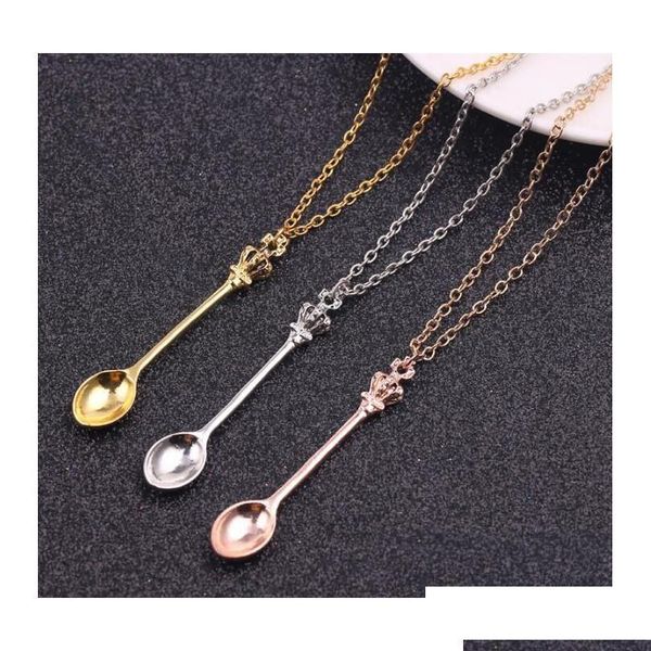 Collane con ciondolo Corona Mini Teiera Collana Cucchiaio Collane con ciondolo Gioielli Oro Sier Colori neri Per uomo Donna Regalo Consegna a goccia O Dh0Fw