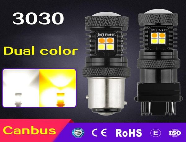 1 paio 3030 16SMD 1157 bicolore indicatori di direzione DRL lampada freno lampadina per auto T20 7443 Canbus BA15D T25 3157 lampadina LED2235440