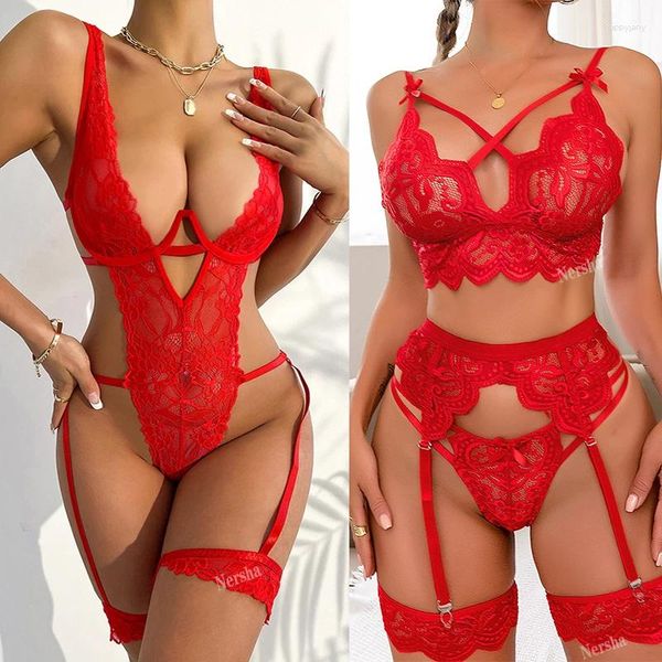 Reggiseni Set Lingerie erotica sexy Reggiseno da donna e giarrettiere 3 pezzi Vedi attraverso la biancheria intima da donna Set costumi porno