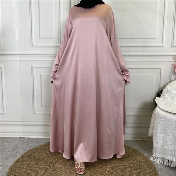 Abbigliamento etnico Abito lungo da donna musulmana Tinta unita Dubai Turchia Hijab in raso Estate Abito caftano Party Musulmane Islam Robes