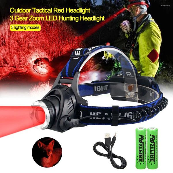 Stirnlampen, taktische Stirnlampe mit rotem/grünem/lila Licht, zoombarer LED-Scheinwerfer, USB-Aufladung, 3 Modi, Scheinwerferleistung durch 2 18650-Akkus