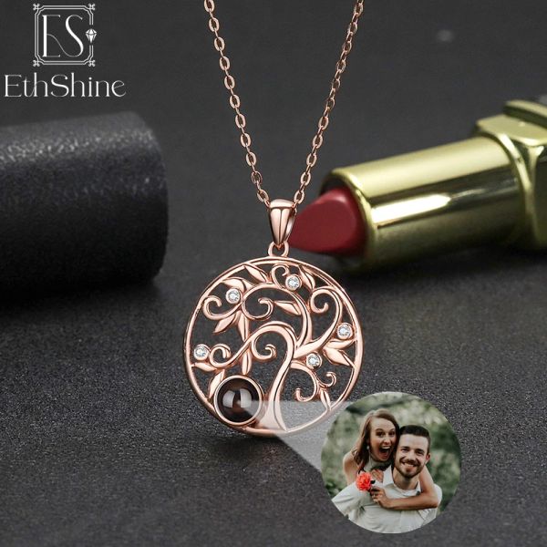 Halsketten EthShine 925 Sterling Silber Personalisierte Baum Foto Halskette Projektion Halskette Benutzerdefinierte Foto Halskette Liebhaber Familie Geschenk Frauen