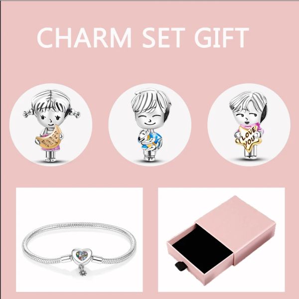 Браслеты 5pcs/лот оригинальный Sier Boy Girl Charm Set Heart Bracelet с Pink Box для лучшего друга