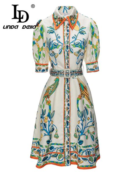 Платье LD LINDA DELLA 2023 Summer New Style Designer Designer Designer Женщины экстравагантные ногтевые бусинки с одним изготовленным пояс