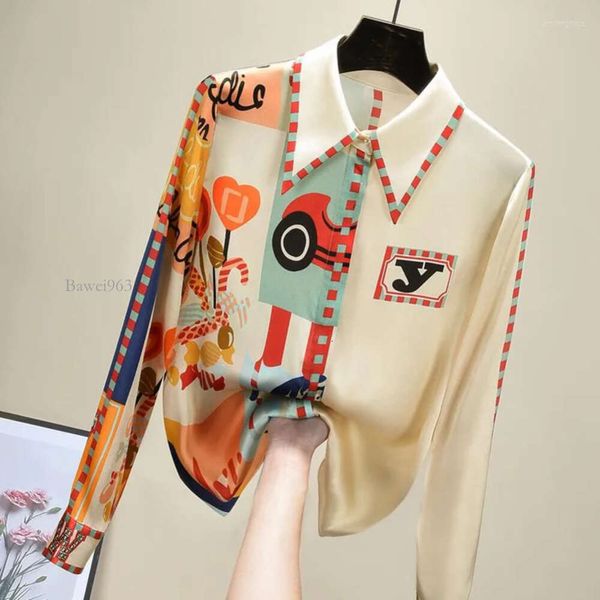Blusas femininas elegantes impressão blusa de seda feminina coreano camisa de manga longa modis topos 2023 chegada bawei963
