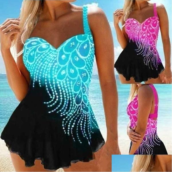 Costume da bagno da donna Tankini con stampa di piume da donna con breve costume da bagno Costume da bagno a due pezzi con controllo della pancia Costume da bagno a vita alta Drop Dhojd