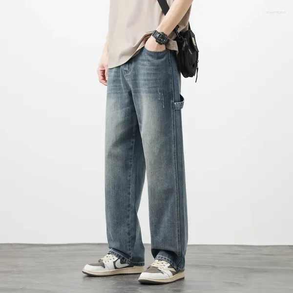 Jeans masculinos vintage moda masculina solta e confortável média cintura alta calças longas retas adolescentes roupas na moda