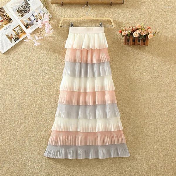 Röcke Damen Koreanische Mode Elegante Chiffon Langen Schwarzen Rock Frauen Kleidung Mädchen Chic Casual Kontrast Farben Kuchen BVA1262