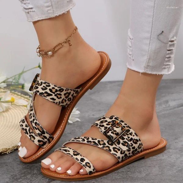 Pantofole 2024 scarpe di marca da donna fibbia per cintura moda donna punta aperta casual stampa leopardata piatta