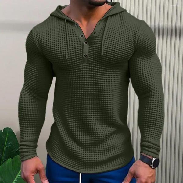 Hoodies masculinos primavera cor sólida fino ajuste manga longa camiseta pequeno decote em v respirável casaco esportivo waffle algodão casual