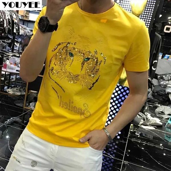 T-shirt da uomo T-shirt Uomo Testa di tigre Strass Top Trend Heavy Craft Slim Girocollo Cotone mercerizzato di alta qualità Manica corta Top maschile J240221