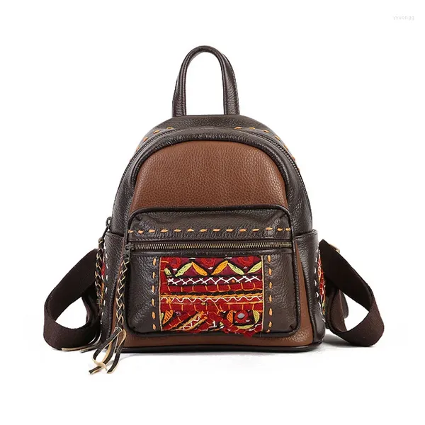 Schultaschen Vintage Echtes Leder Rucksack Frau Chinesischen Stil Braune Kuh Reise Kleine Mode Damen Rindsleder Rucksäcke