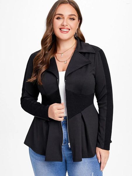 Damenjacken ROSEGAL Plus Size Oberbekleidung Schwarze Jacke Mode gerippte Panel-Reißverschlüsse Umlegekragen Mäntel Herbst Casual Tops