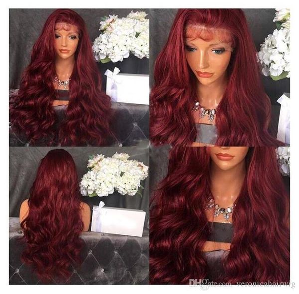 Sexy borgonha vinho vermelho corpo onda afro-americano perucas de alta temperatura fibra cabelo sem cola perucas dianteiras do laço sintético com bab2527437