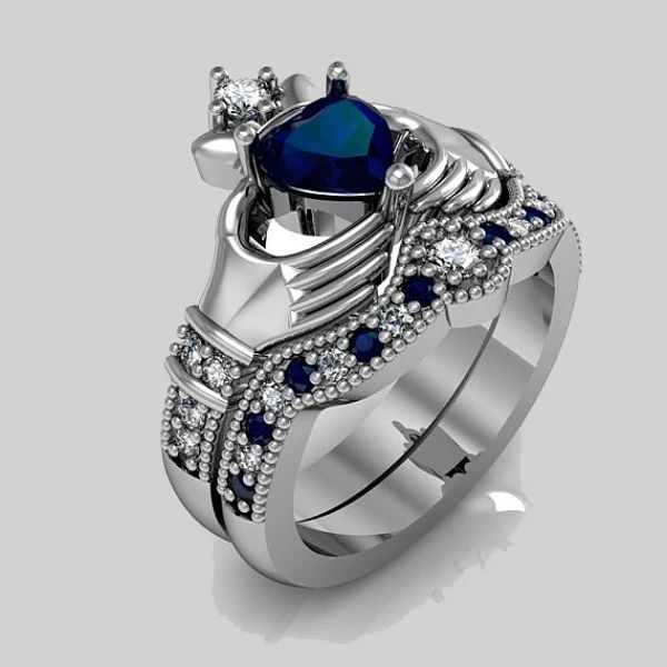 Anéis de alta qualidade sotaque azul cz coração azul zircônia cúbica conjunto de anel de promessa de casamento irlandês Claddagh 925 anel de prata