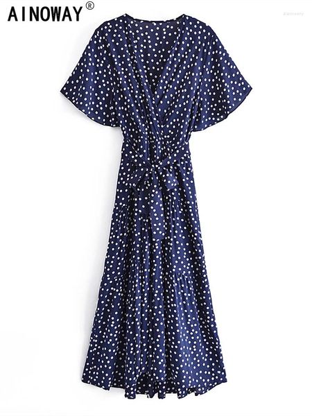 Vestidos de festa vintage chique mulheres polka dot manga curta praia boêmio maxi vestido senhoras rayon algodão verão alto baixo boho robe