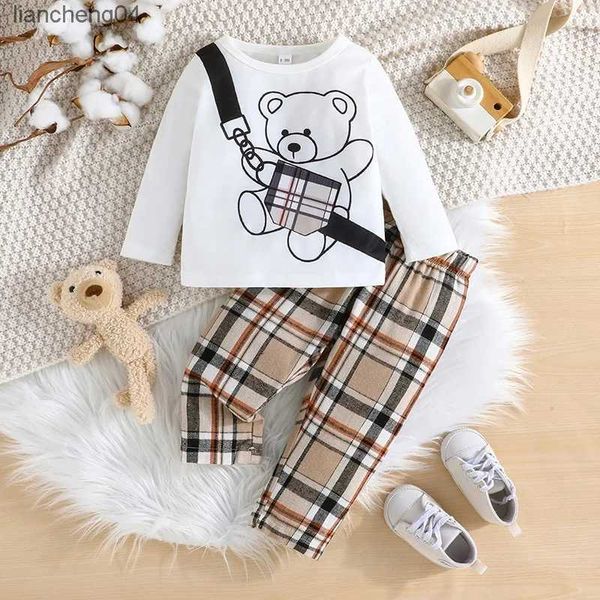 Conjuntos de roupas conjunto de roupas para criança menino 6-36 meses urso dos desenhos animados manga longa camiseta e calças compridas listradas roupa para bebê recém-nascido menino