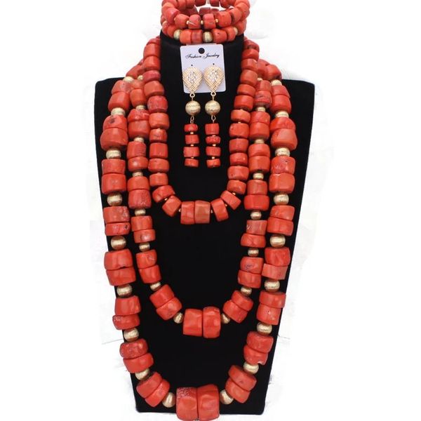 Dudo Damen-Schmuckset mit afrikanischen Korallen, großes Design, nigerianische Perlen, Halsketten-Set, Braut, 3 Schichten, 2024