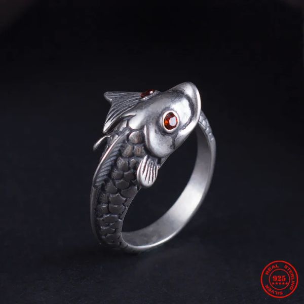 Anéis MKENDN Vintage Olhos Vermelhos 925 Sterling Silver Koi Anel Ajustável para Homens Mulheres Gótico Na Moda Rua Hip Hop Jóias Escuras