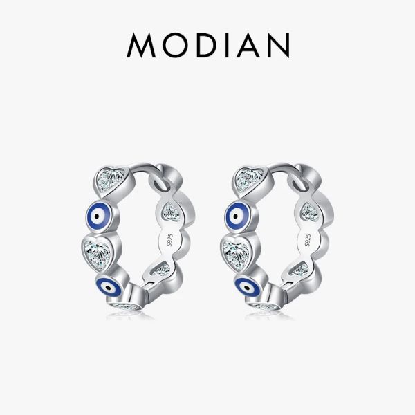 Orecchini Modian Argento sterling 925 Smalto blu Occhi Orecchini a cerchio con fascino Festa di moda Cuori Zircone Orecchio per le donne Gioielleria raffinata