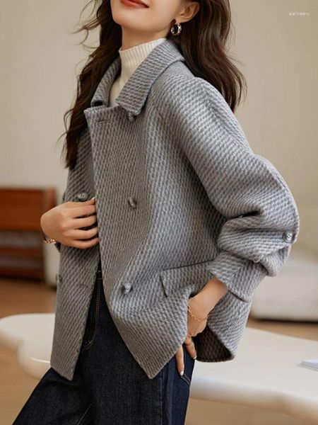 Damenjacken, lässig für Frauen, 2024, Herbst- und Wintermode, dünner Mantel, solide Polo-Kragen, Vintage-Tweed-Jacke