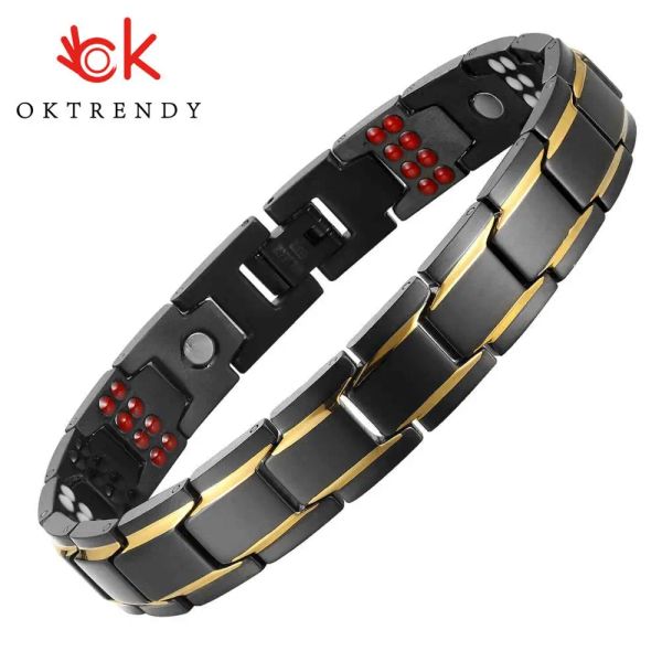 Braccialetti Bracciale nero da uomo Colore oro Energia sanitaria Bracciale in acciaio inossidabile al germanio 4 IN 1 Braccialetti magnetici per la salute per gioielli da uomo