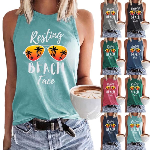 Damen-Strandurlaub-Sonnenbrille, Buchstabendruck, lässig, locker, Rundhals-Tanktop für Damen, Markendesigner, modische Farbkleidung, T-Shirt, cool, gut aussehend