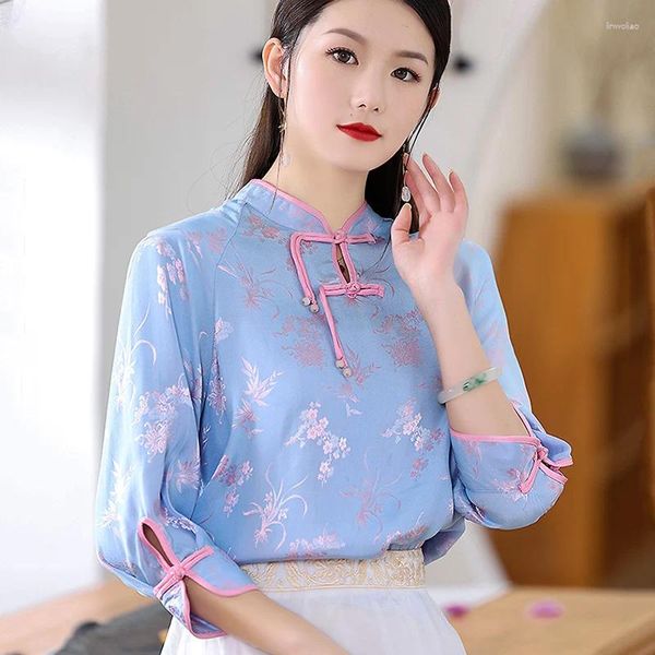 Jaquetas femininas 2024 verão céu azul retro jacquard estilo chinês borla botão-up top elegante três quartos manga camisa S-XXL