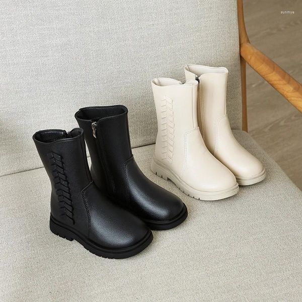 Stiefel Mädchen Einfarbig Einzigartige Vielseitige PU Kind Mode Mittelkalb Schwarz Herbst Und Winter Einfache Japanische Stil Warme Schuhe