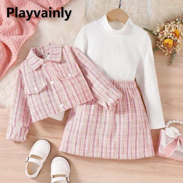 Kleidung Sets Frühling Herbst Baby Mädchen Set Rosa Tweed Mantel Solide Rollkragen T-shirt A-linie Rock Mode Kinder 3-stück kleidung E51012