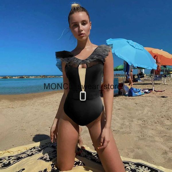 Kadın Mayo 2022 Yeni Seksi One Piece Mayo Klasik Kadın Dantel Fırfır Monokini Retro Siyah Bodysuit Vintage Matay Takım Girlsh24221