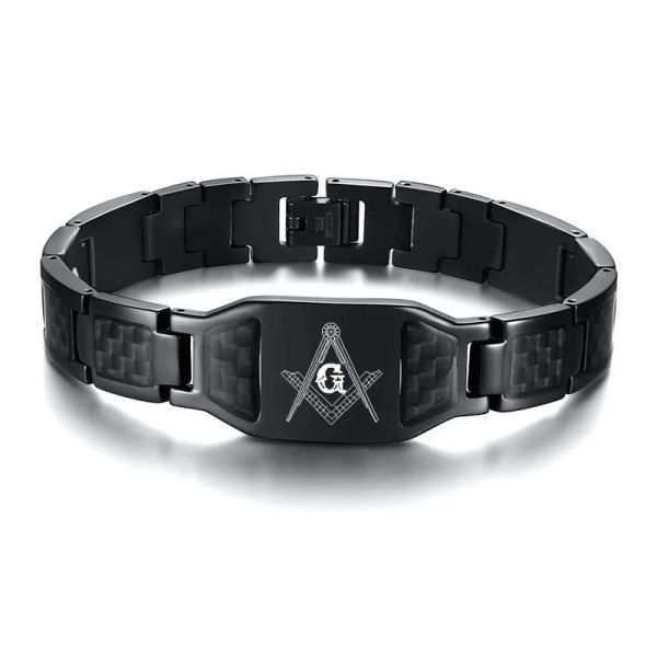Armbänder Freimaurer-Armbänder Freimaurer-Gliederarmband mit individuellem Logo aus Edelstahl mit schwarzem Carbonfaser-Gliederarmband