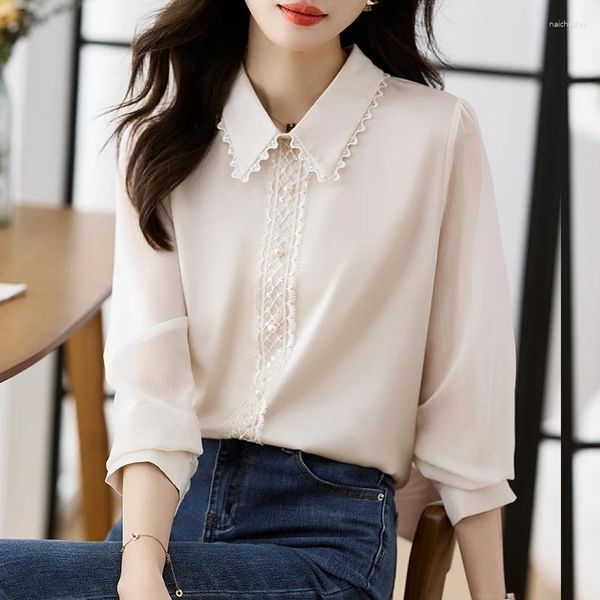 Blusas femininas primavera outono elegante renda manga longa camisa senhora escritório wear turn down colarinho cor sólida básico topo