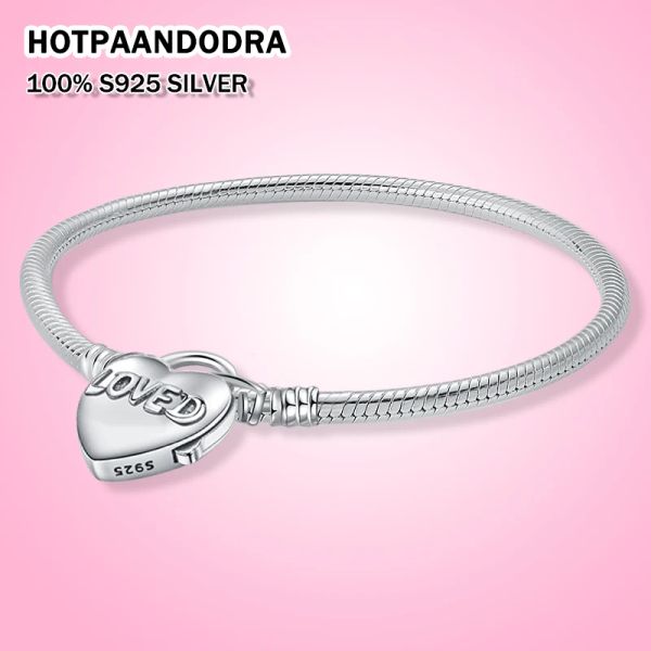 Armreifen, 925er-Sterlingsilber, Herz-Schlangenketten-Armband, passend für Original-Pan-Charm-Perlenarmbänder für Frauen, Urlaub, Party, Geschenk, Schmuckherstellung