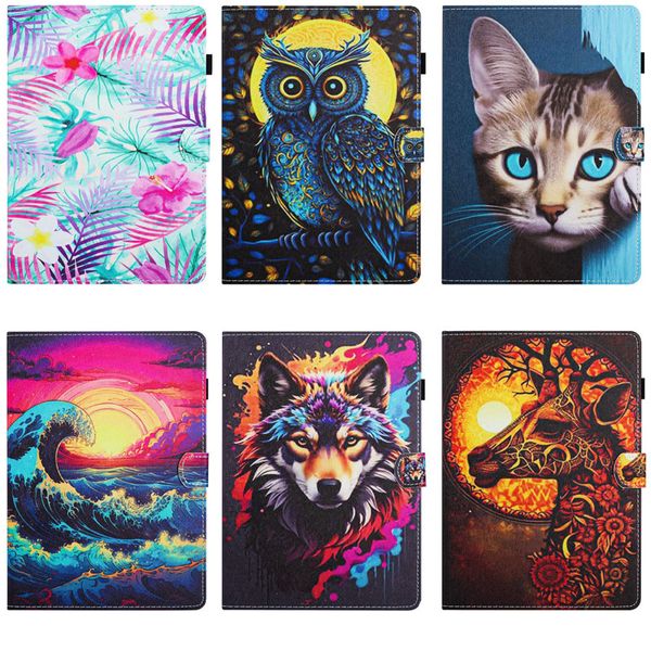 Capas para Samsung Tab A9 Plus A8 X205 X200 A7 T500 T505 A10.1 T510 T515 Carteira de couro Tablet Flor Folhas Animal Coruja Gato Ondas Lobo Girafa Flip Cover Holder Bolsa