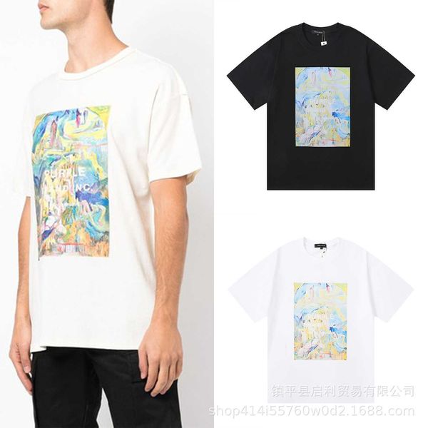 Chaopai Purple Landscape Painting Abstract Oil Letter Stampa T-shirt casual a maniche corte in puro cotone unisex