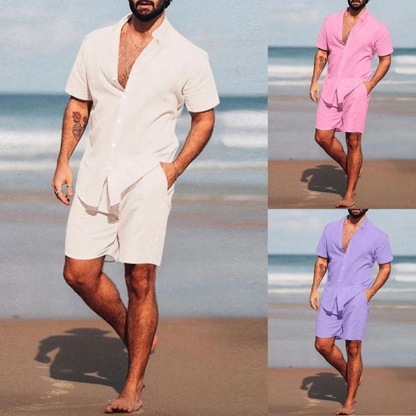 Set da uomo Hawaii Set da spiaggia 2023 Estate a maniche corte con collo in piedi Camicia da surf Pantaloncini da surf 2 pezzi Abbigliamento da strada in cotone e lino Set da uomo casual 240221