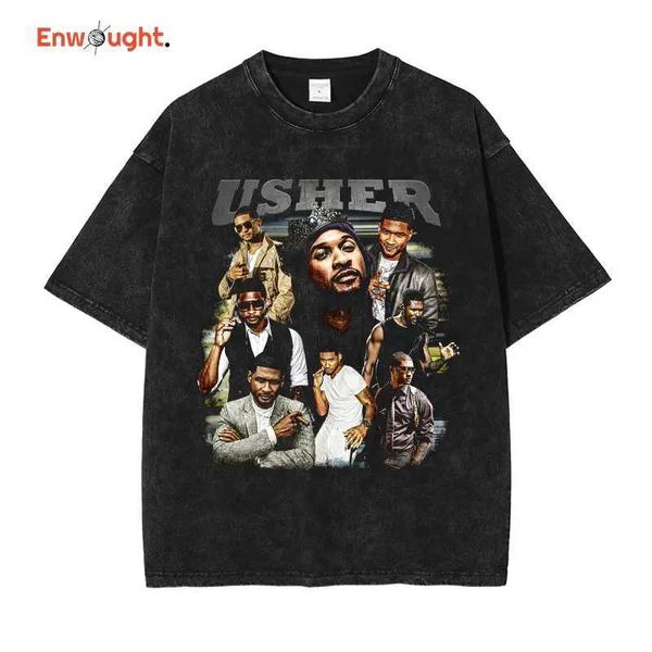 Homens camisetas Usher T-shirt Hip Hop Rap Singer Big Ush Top Tee Big Tyme Vintage Wash Manga Curta Extra Grande T-shirt Harajuku Street Clothing J240221